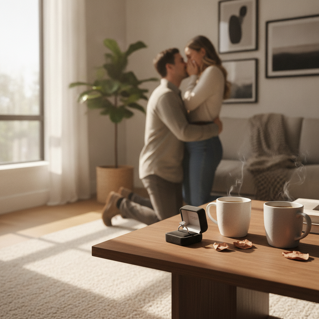 Lifestyle proposal scene with an open ring box holding a lab grown diamond solitaire on a coffee table, warm morning light and cozy home setting