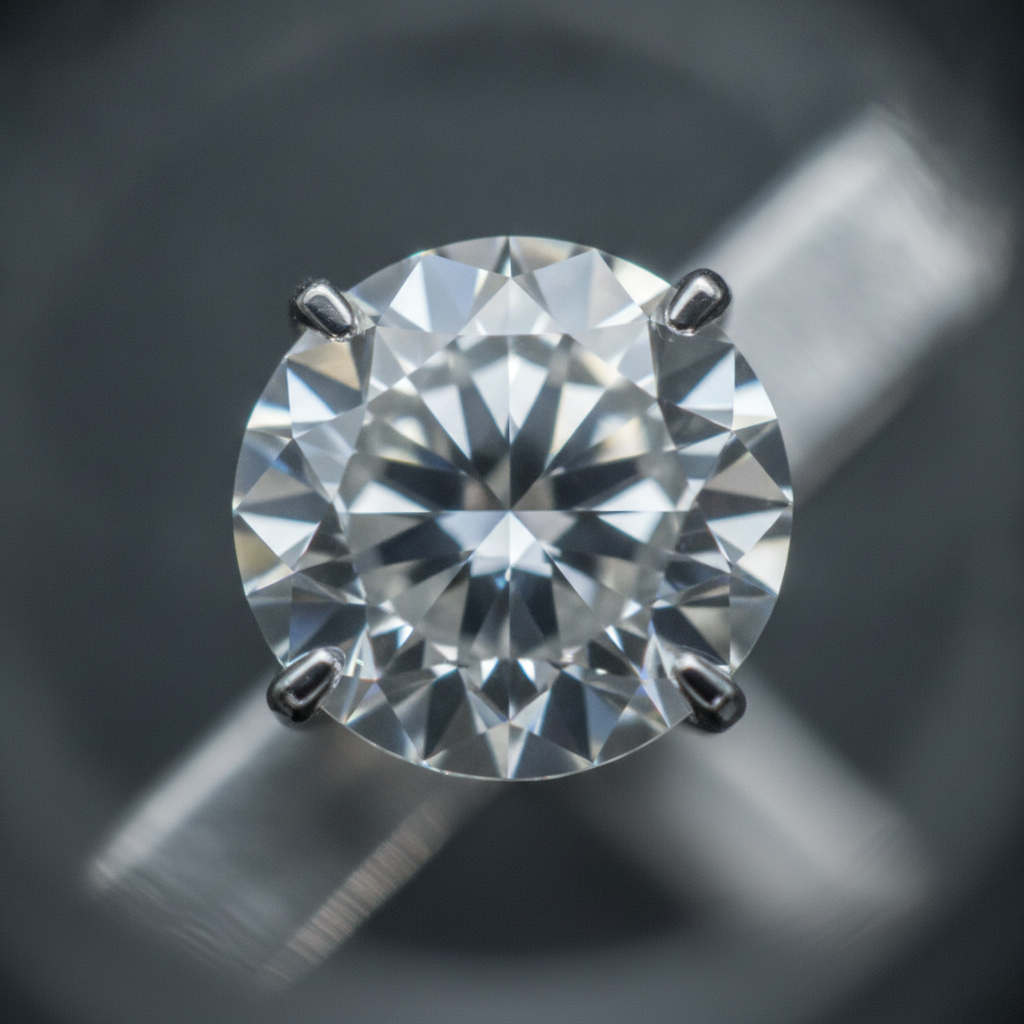 Macro close-up of a lab grown diamond under a jeweler’s loupe, showing facets and prong detail on a white gold engagement ring
