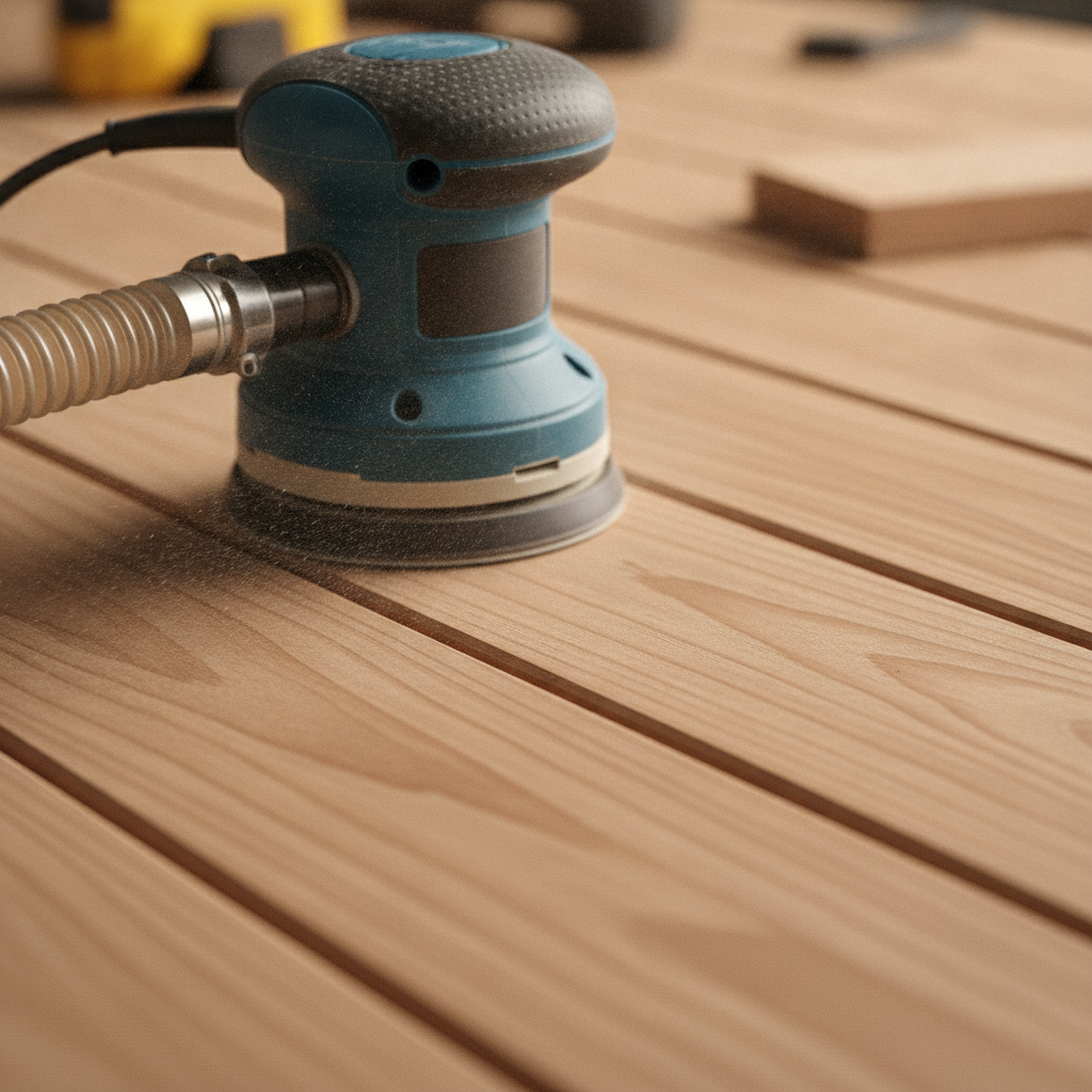 Close-up of random orbital sander making swirl-free passes during deck sanding on cedar boards in Milton