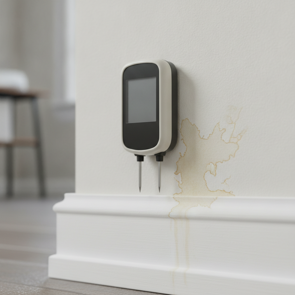 Close-up of a moisture meter during a residential home inspection, checking drywall near a baseboard for hidden leaks