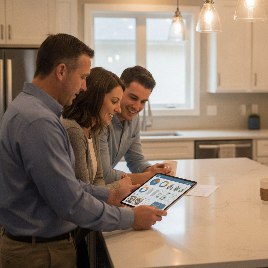 Homebuyers reviewing a same-day PDF home inspection report on a tablet with their inspector in a modern kitchen