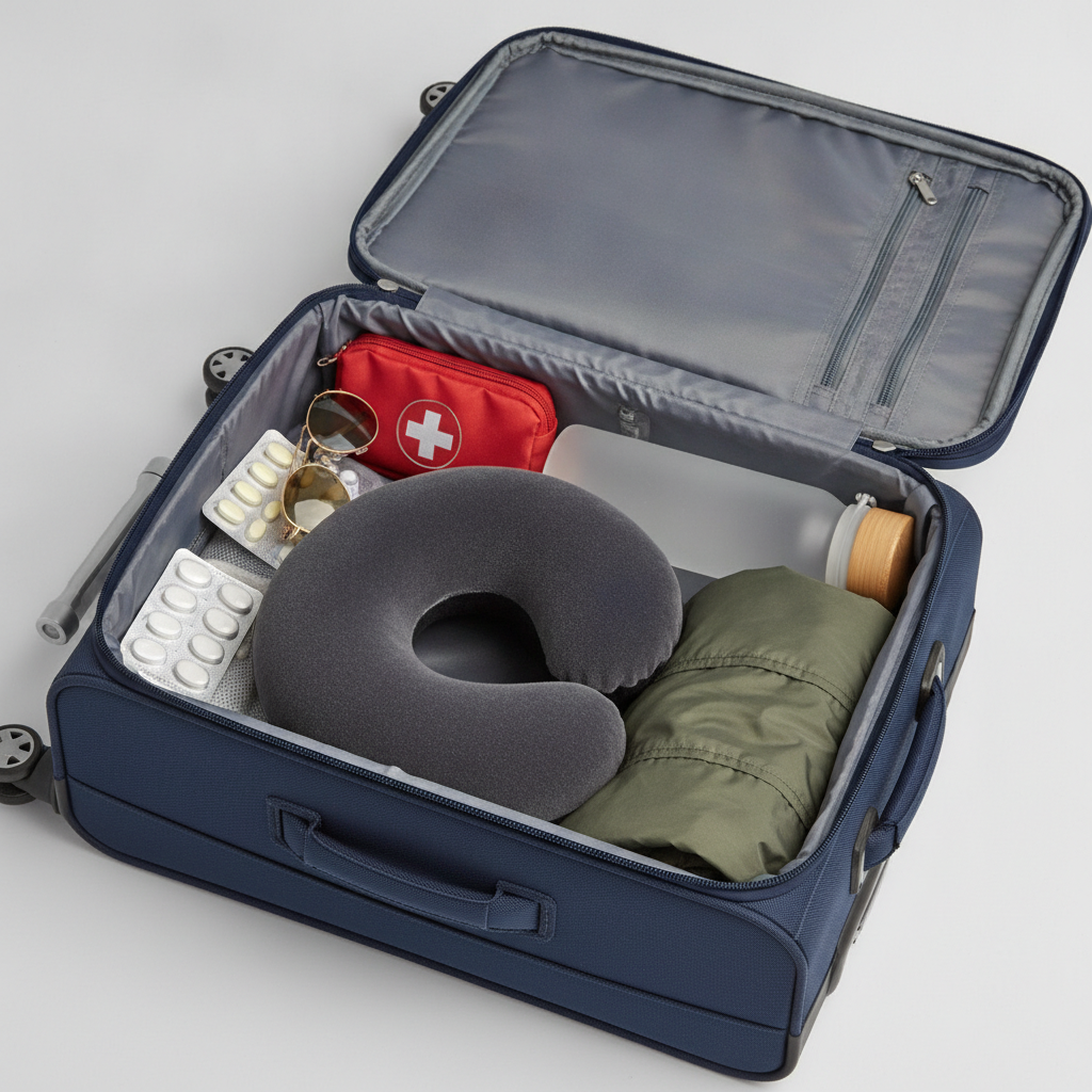 Close-up of travel insurance essentials packed in a suitcase: medications, a first-aid kit, and travel gear organized for Whitby travelers