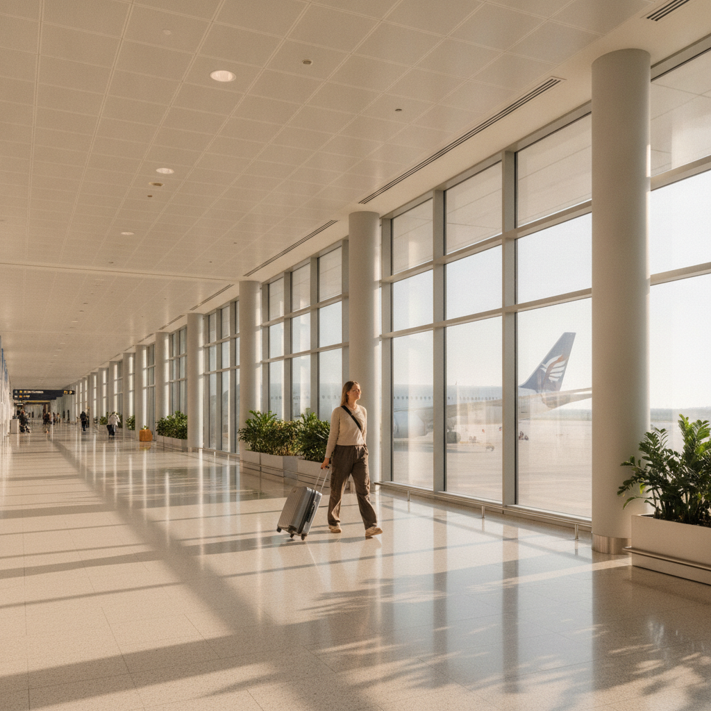 Traveler in modern airport terminal representing travel insurance protection for Whitby and Ontario trips