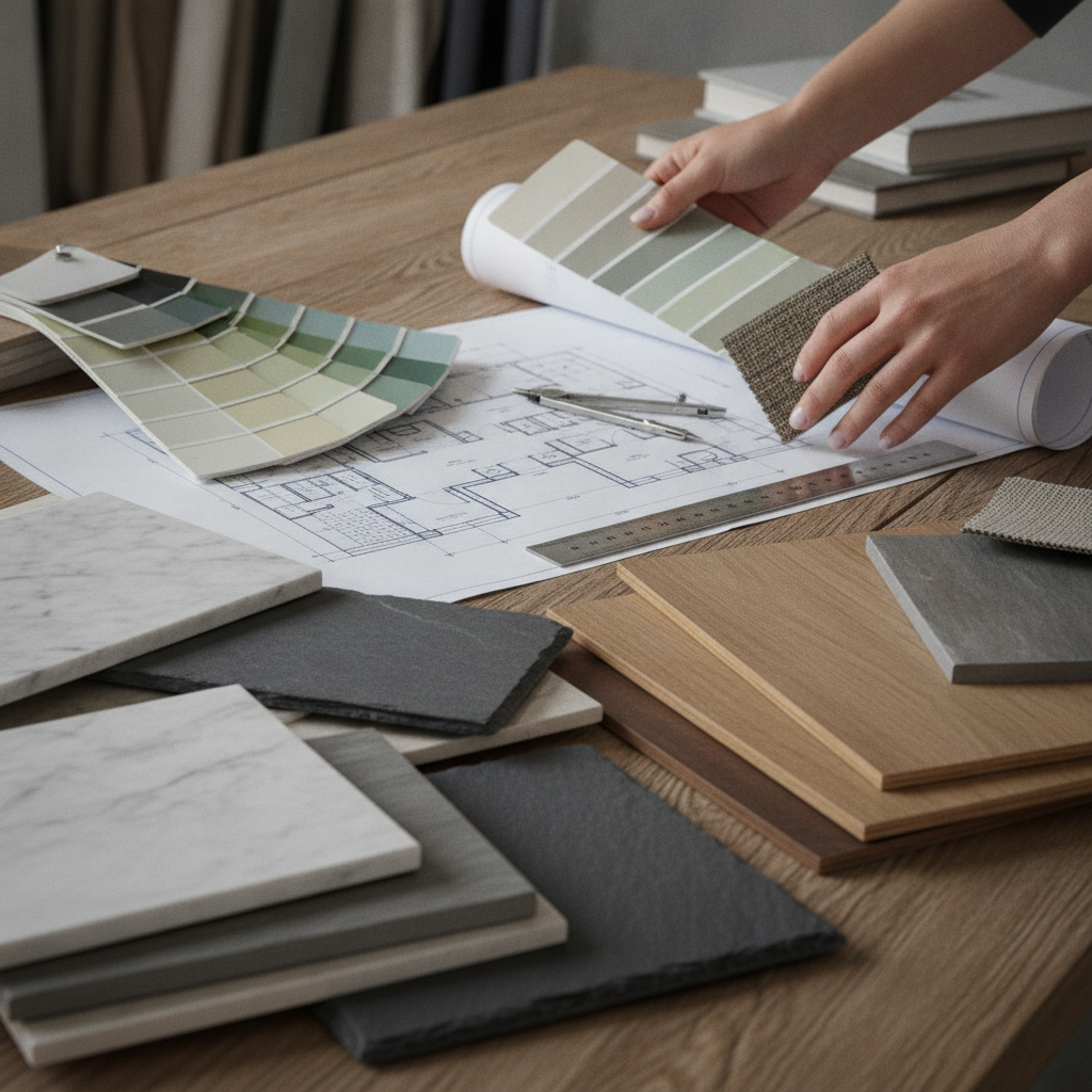 Material selections for custom home building companies: organized board with tile, flooring, and paint swatches for a design-and-construct workflow