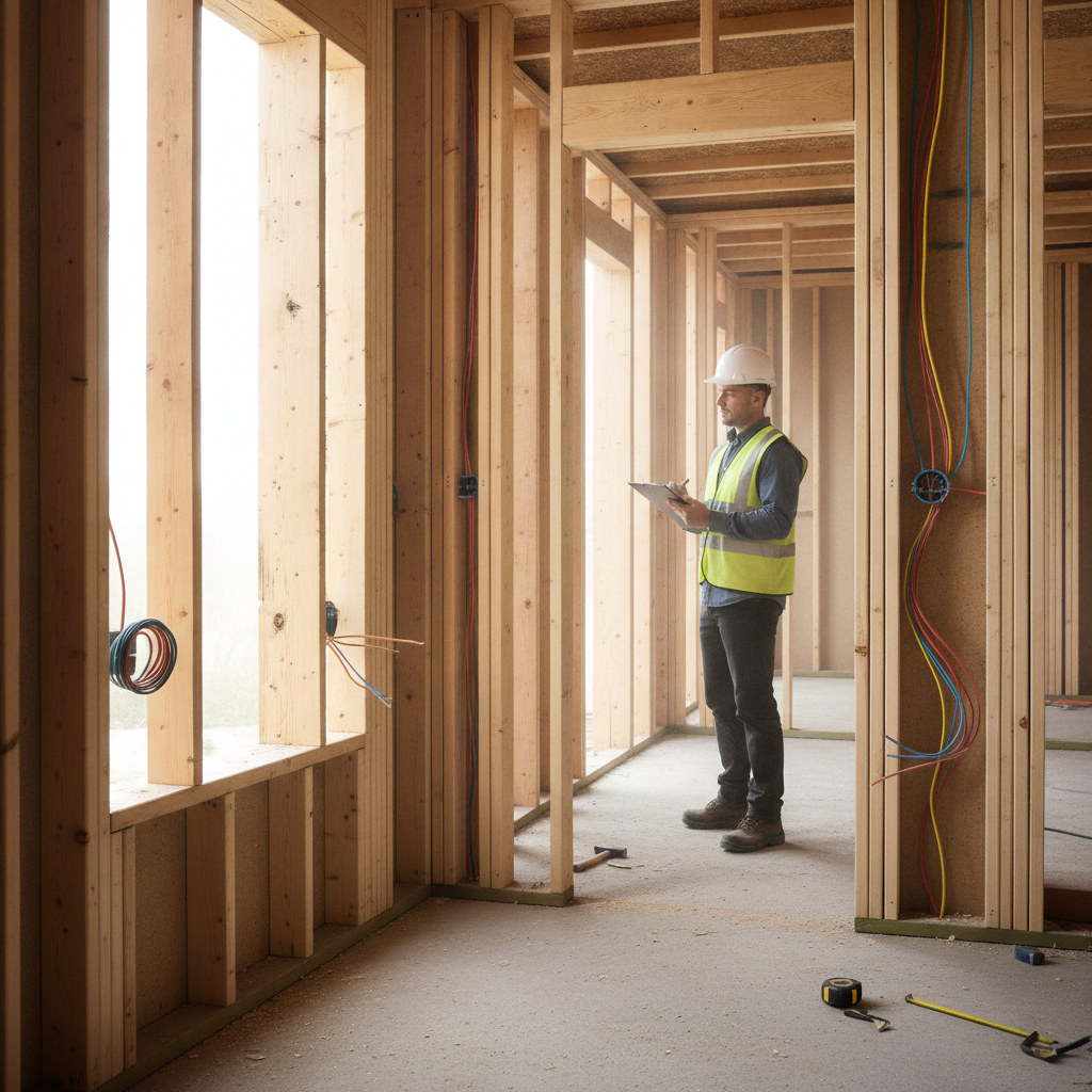 Framing stage of a custom home: side-angle view of joists, rough-ins, and sunlight for construction quality checks
