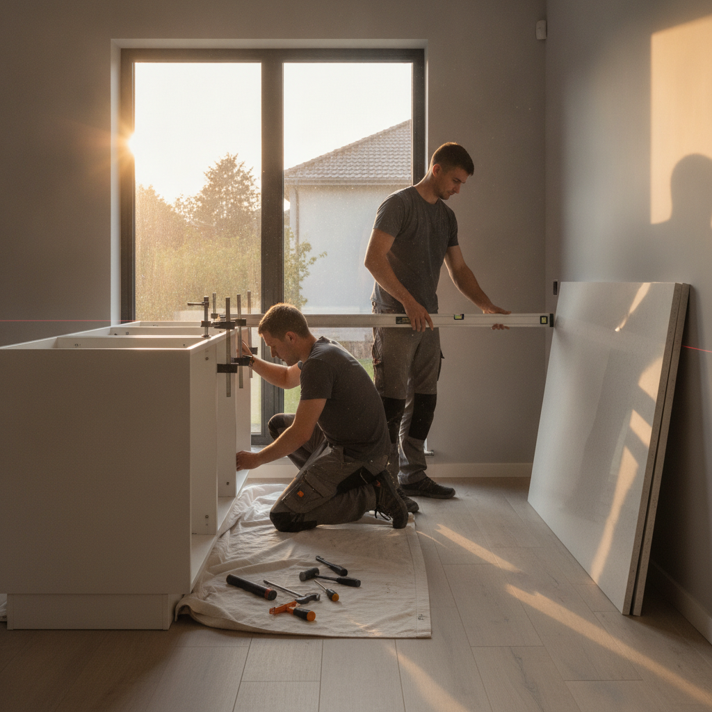 Kitchen Reno Contractors: Save Money & Avoid Stress (2026) 2 Installers leveling base cabinets and templating quartz countertops during a kitchen renovation near 11 Edvac Drive