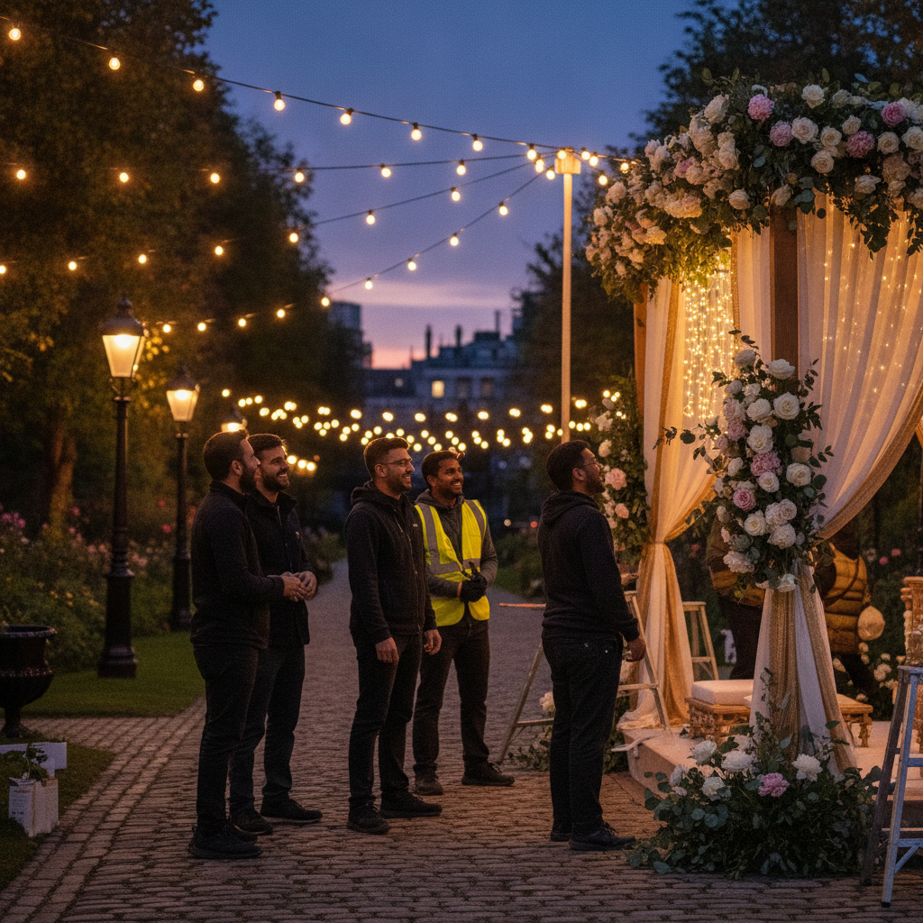 Event crew setting up a London garden mandap at dusk with string lights, showing outdoor wedding logistics in Greater London