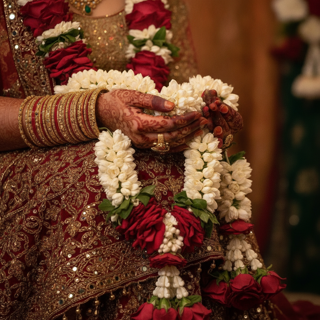 Close-up of Gujarati wedding details with jasmine garlands and mehndi hands, illustrating cultural wedding planning in Greater London