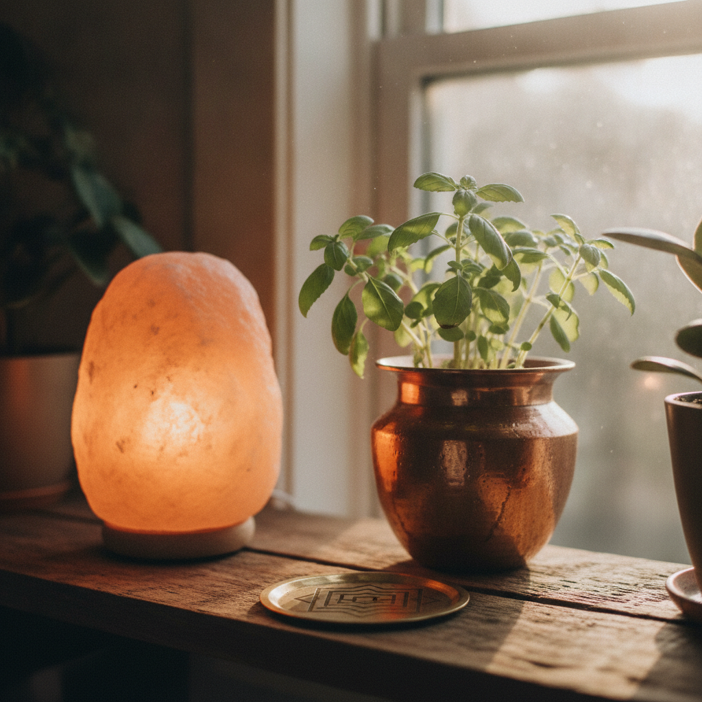 Close-up of a serene home altar with a yantra plate, salt lamp, and tulsi plant for Vaastu remedies and positive energy