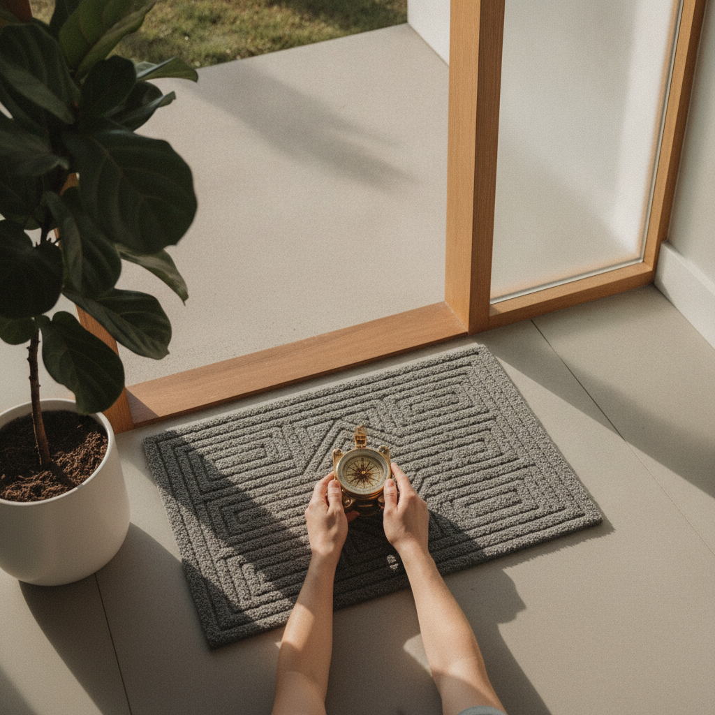 Top-down view of a homeowner using a compass at the entryway to align Vaastu directions in a Brampton home