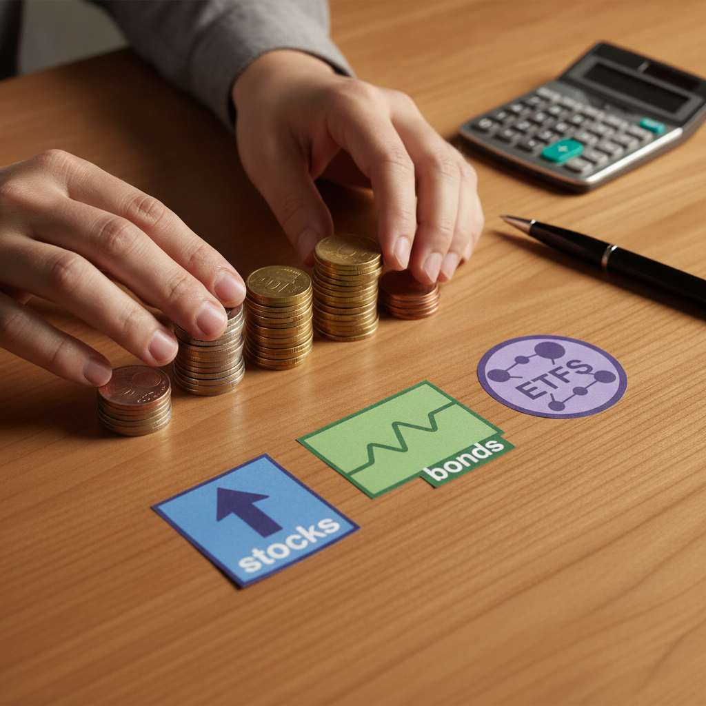 Close-up of diversified investing elements for beginners: coins, stock and ETF icons, calculator, and pen—visualizing a simple investing course toolkit