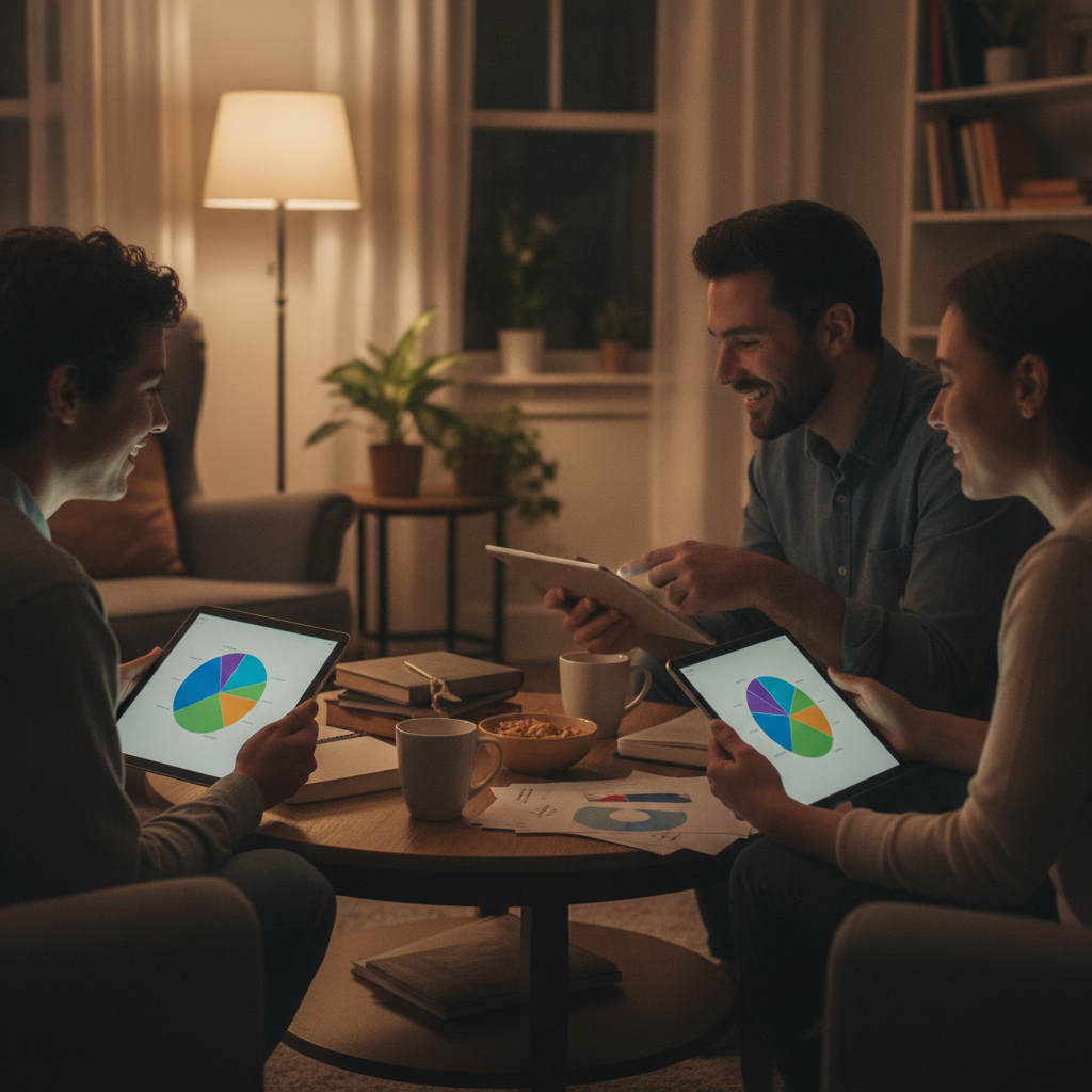 Small group of beginners discussing investing concepts on tablets with pie charts during a guided study session