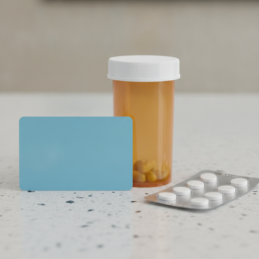 Close-up of a blank savings card beside a Suboxone prescription bottle, illustrating how a Suboxone prescription discount card is used at the counter