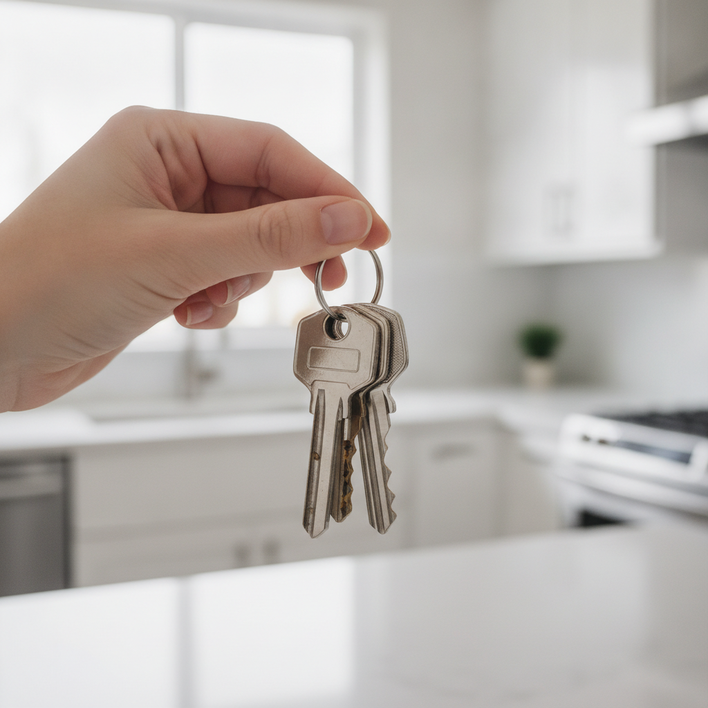 Close-up of new house keys in a modern Cambridge kitchen, symbolizing a successful Cambridge real estate purchase