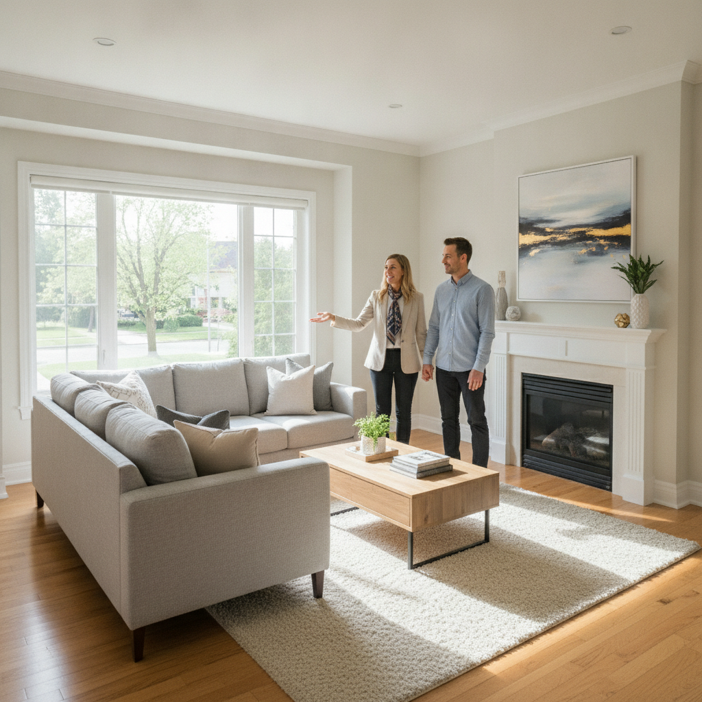 Realtor showing a bright living room to buyers in a Cambridge home, illustrating a successful Cambridge real estate tour