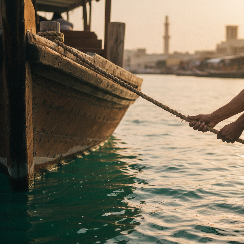 Close-up of an abra boat on Dubai Creek, part of Dubai sightseeing tours heritage segment