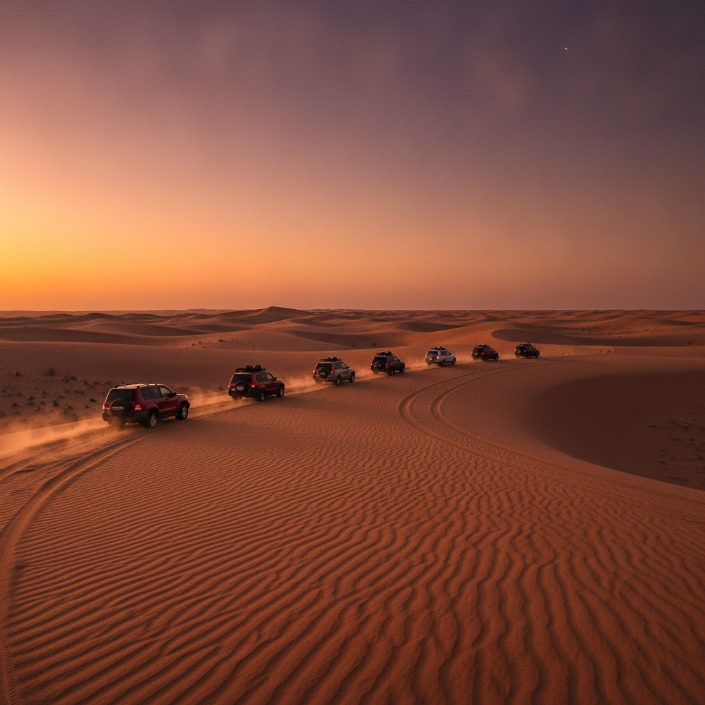 Desert safari convoy at sunset near Dubai, ideal for evening sightseeing tours