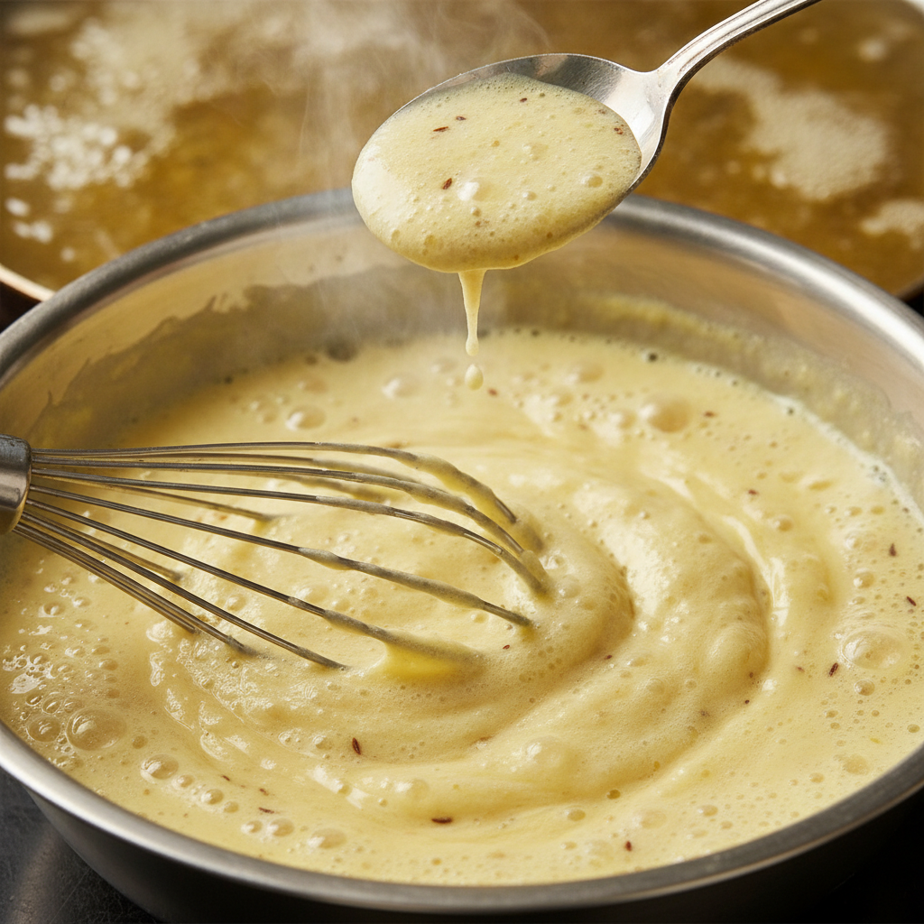 Close-up of fluffy moong dal batter for ram ladoo showing aeration and bubbles before frying