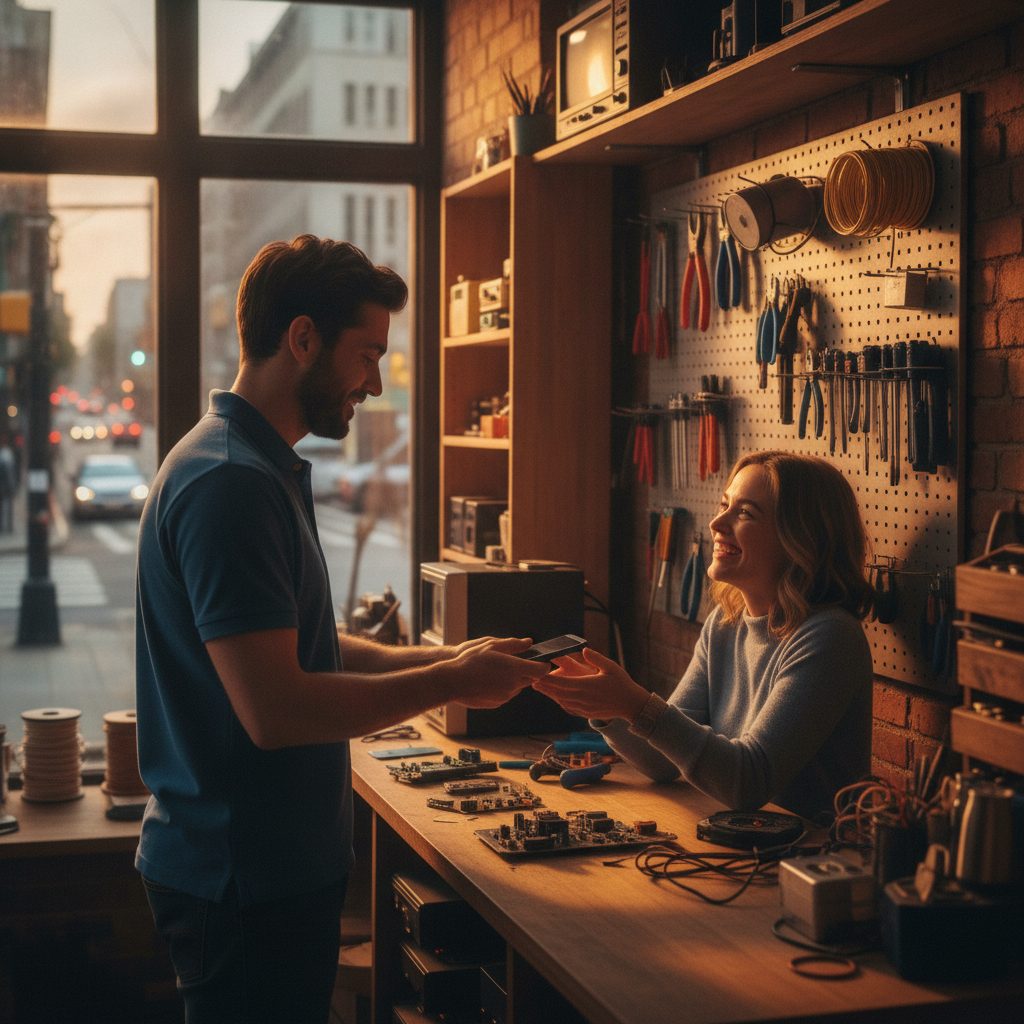 Technician handing a freshly repaired smartphone back to a customer at a neighborhood shop in Calgary, illustrating when to trust a pro after DIY repair mistakes