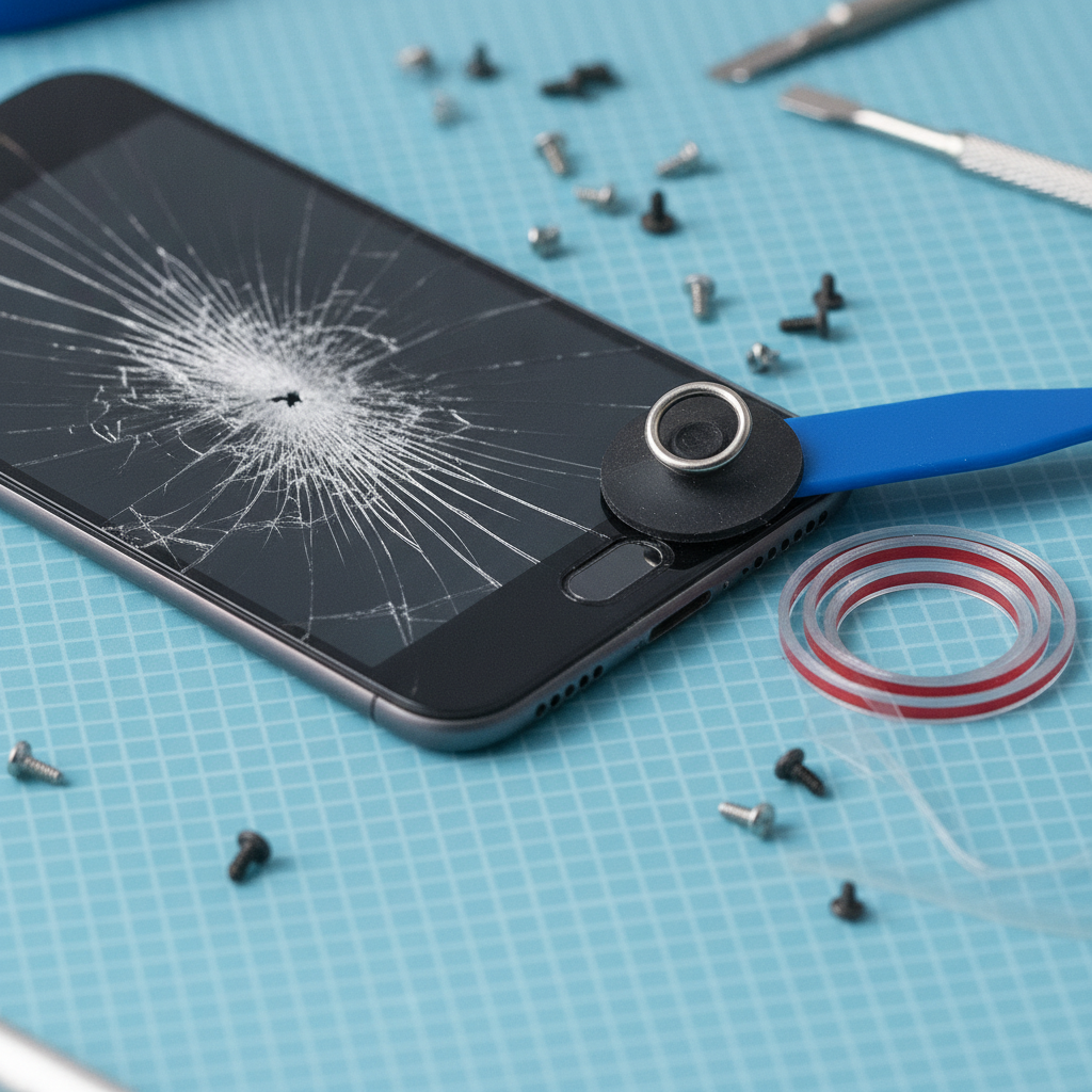Close-up of cracked smartphone screen with proper tools laid out on an anti-static mat to avoid common smartphone repair mistakes