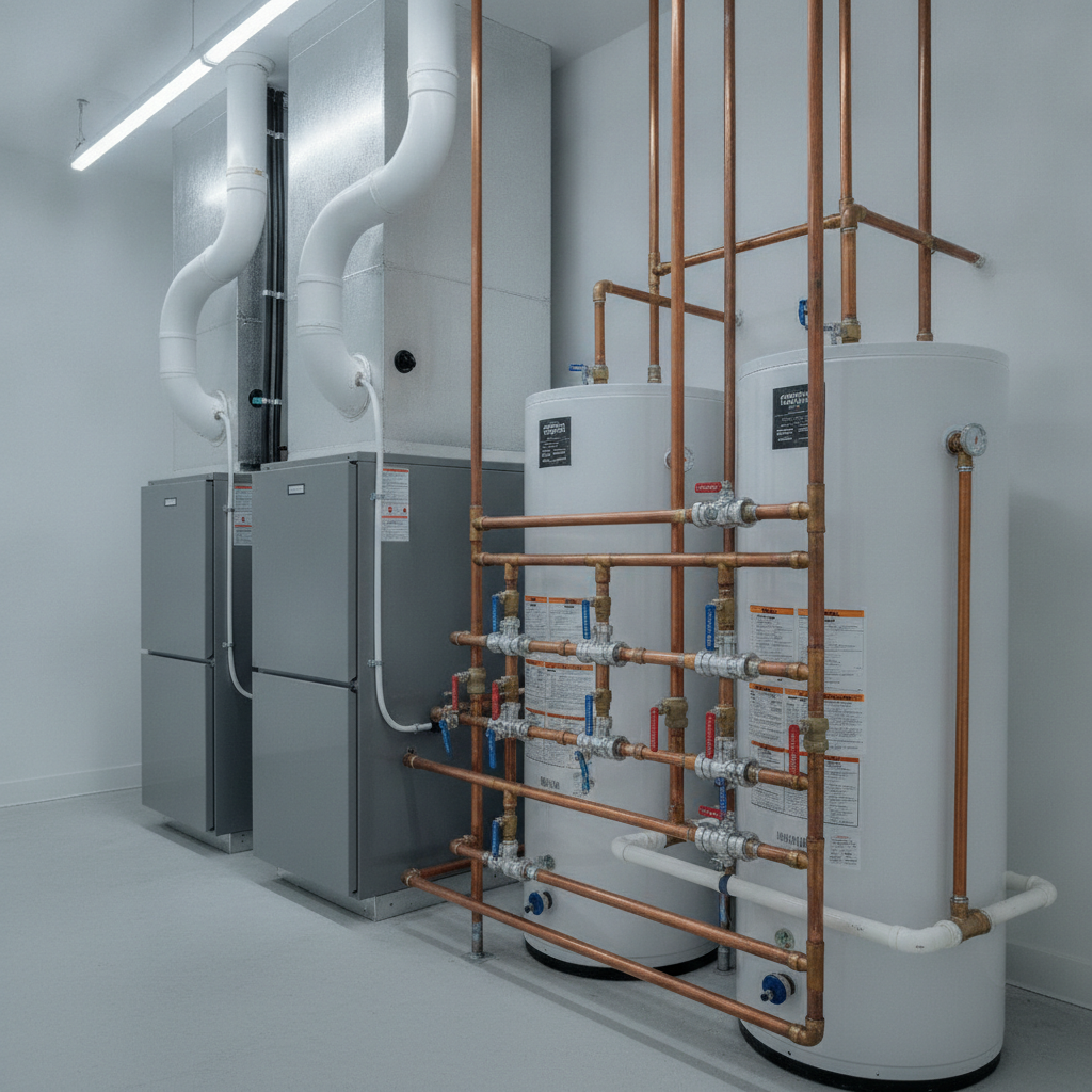 Detail of duplex mechanicals in Edmonton showing two furnaces and water heaters for reliable cash flow operations