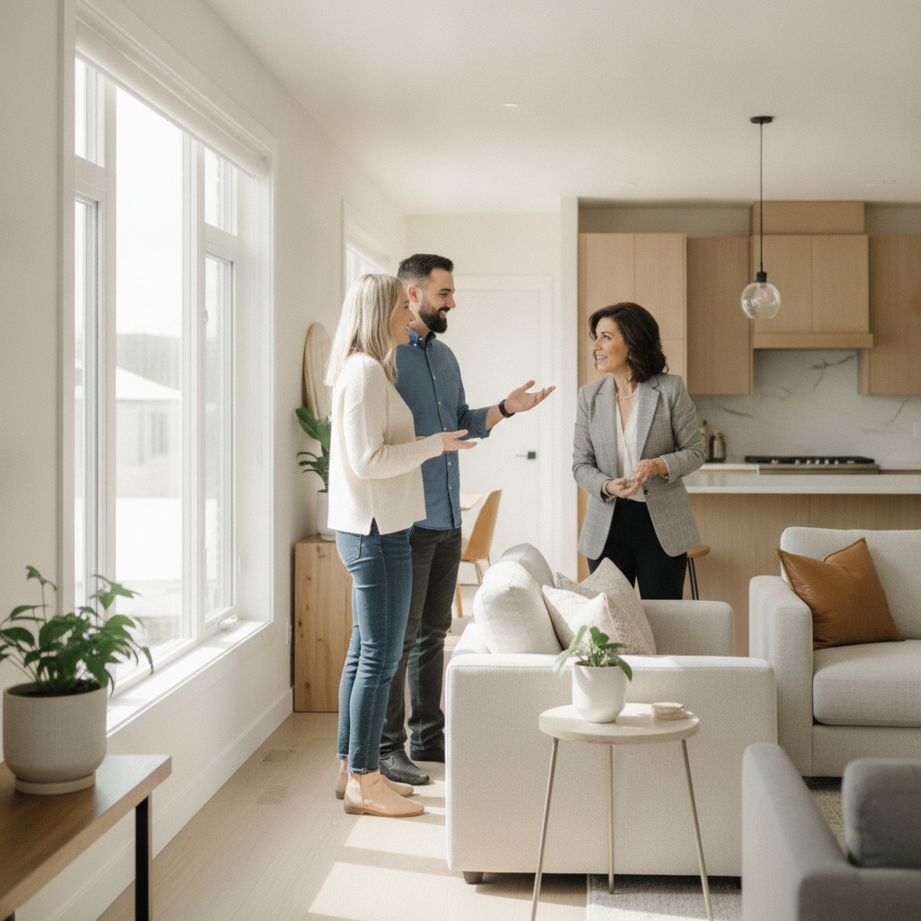 Edmonton investors touring a bright duplex living room with a REALTOR to plan cash flow strategy