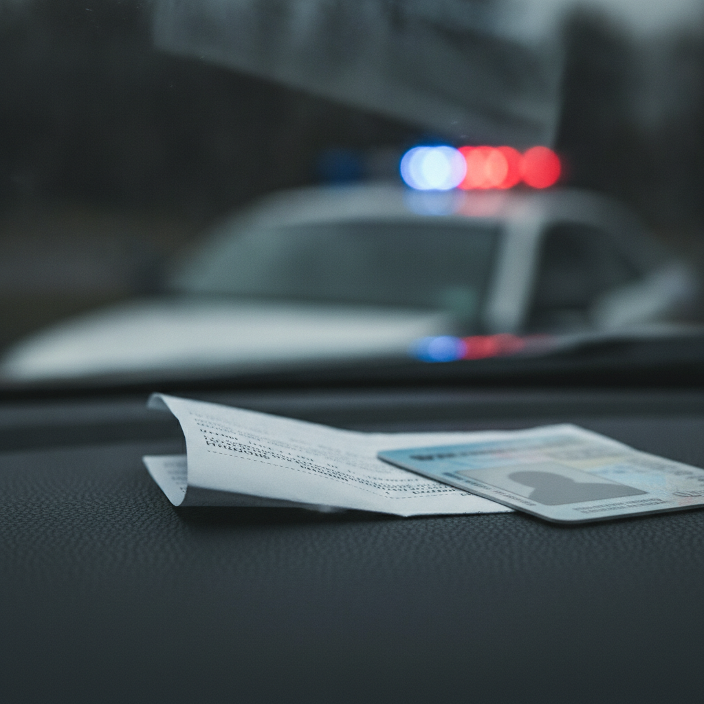 Close-up of Ontario traffic ticket and driver’s license on dashboard, illustrating traffic offense lawyer review of disclosure