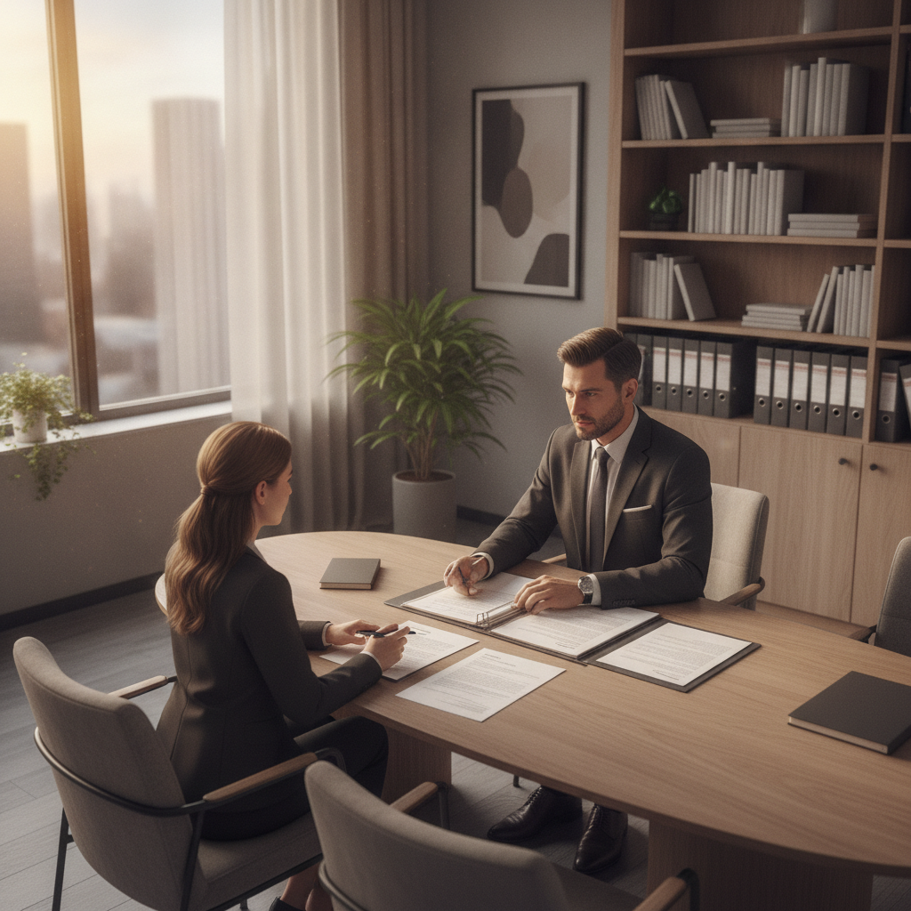 Client meeting with traffic offense lawyer in a modern Ontario law office reviewing disclosure documents