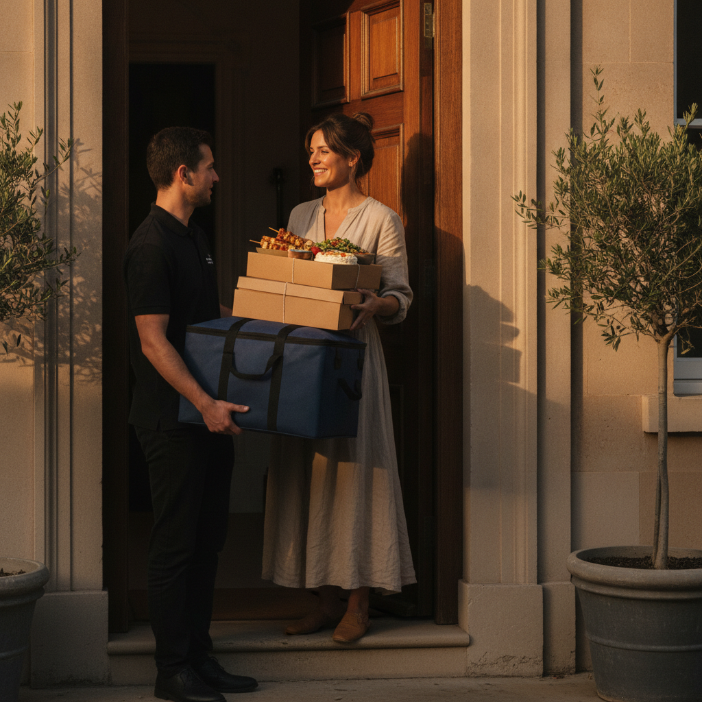 Old Toronto birthday catering delivery handoff with shawarma trays and salads