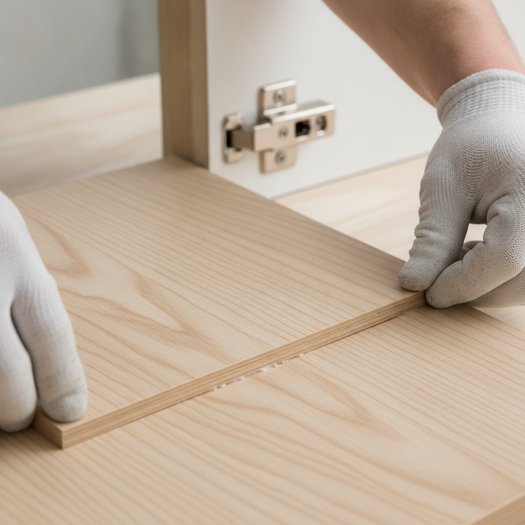 Close-up of cabinet door refacing with veneer alignment and concealed hinge for Toronto kitchen upgrade