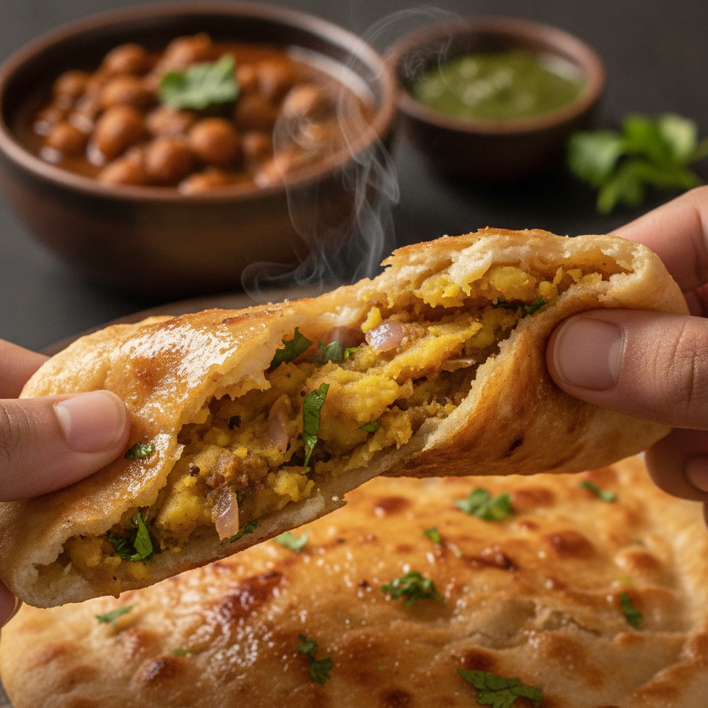 Close-up of Amritsari kulcha torn open, showing spiced potato-onion filling beside chole and green chutney—a Punjabi buffet favorite in Brampton