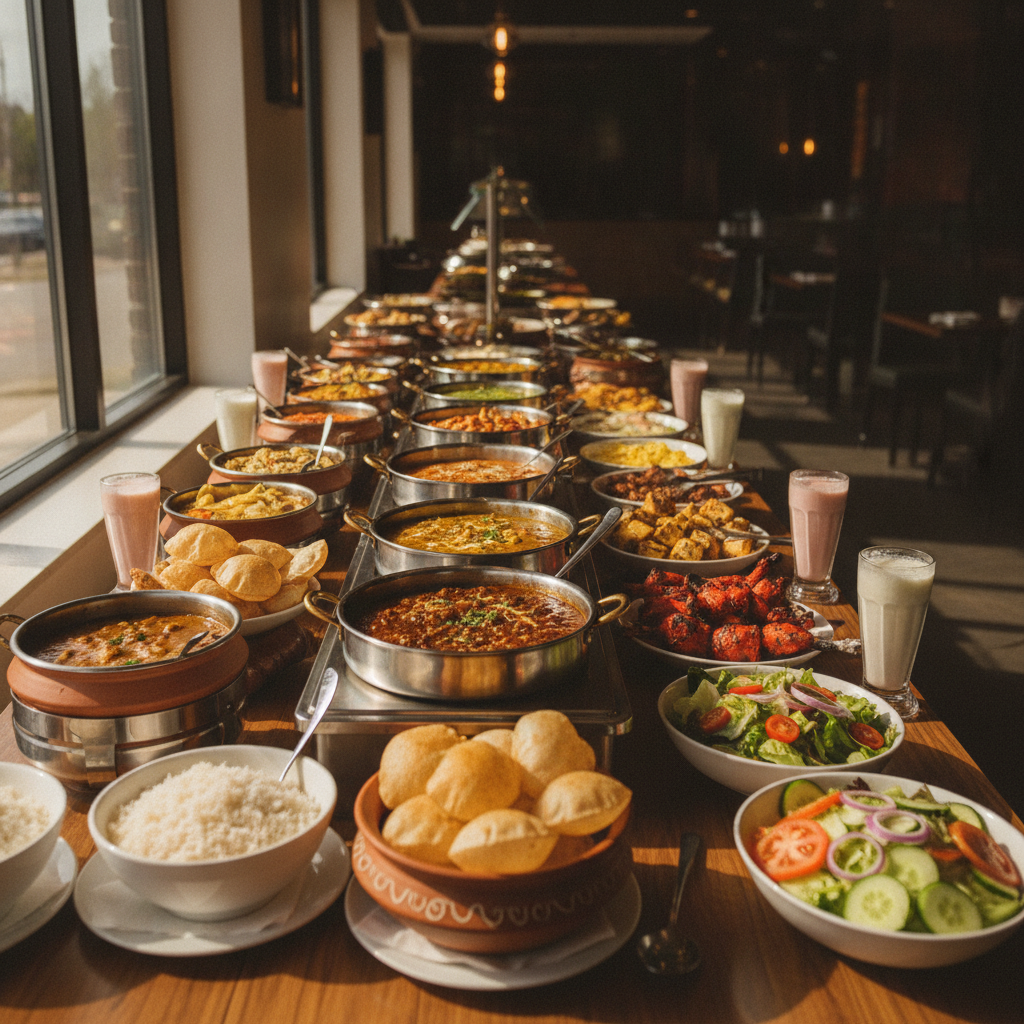 Wide shot of an inviting North Indian buffet in Brampton with curries, tandoori specials, naan, rice, salads, and lassi glasses