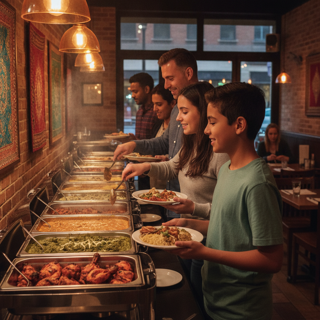 Family serving themselves at an Indian buffet line with tandoori items and curries in a cozy Brampton restaurant interior