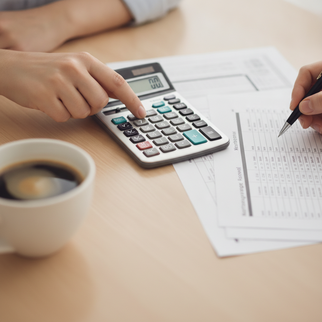 Close-up of calculating a mortgage renewal rate with paperwork, calculator, and coffee on a desk in a Mississauga home