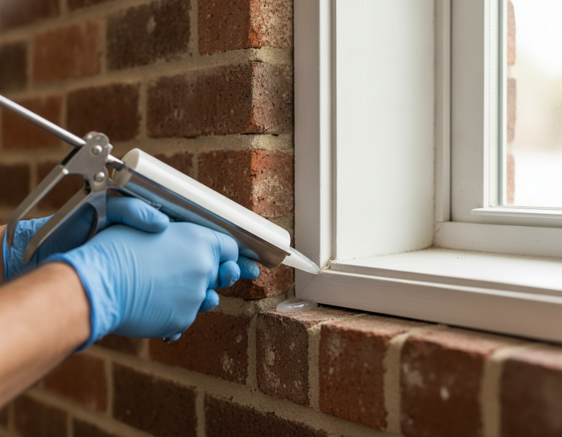 Applying silicone caulk to a window frame as part of a spider prevention checklist in an Oshawa home