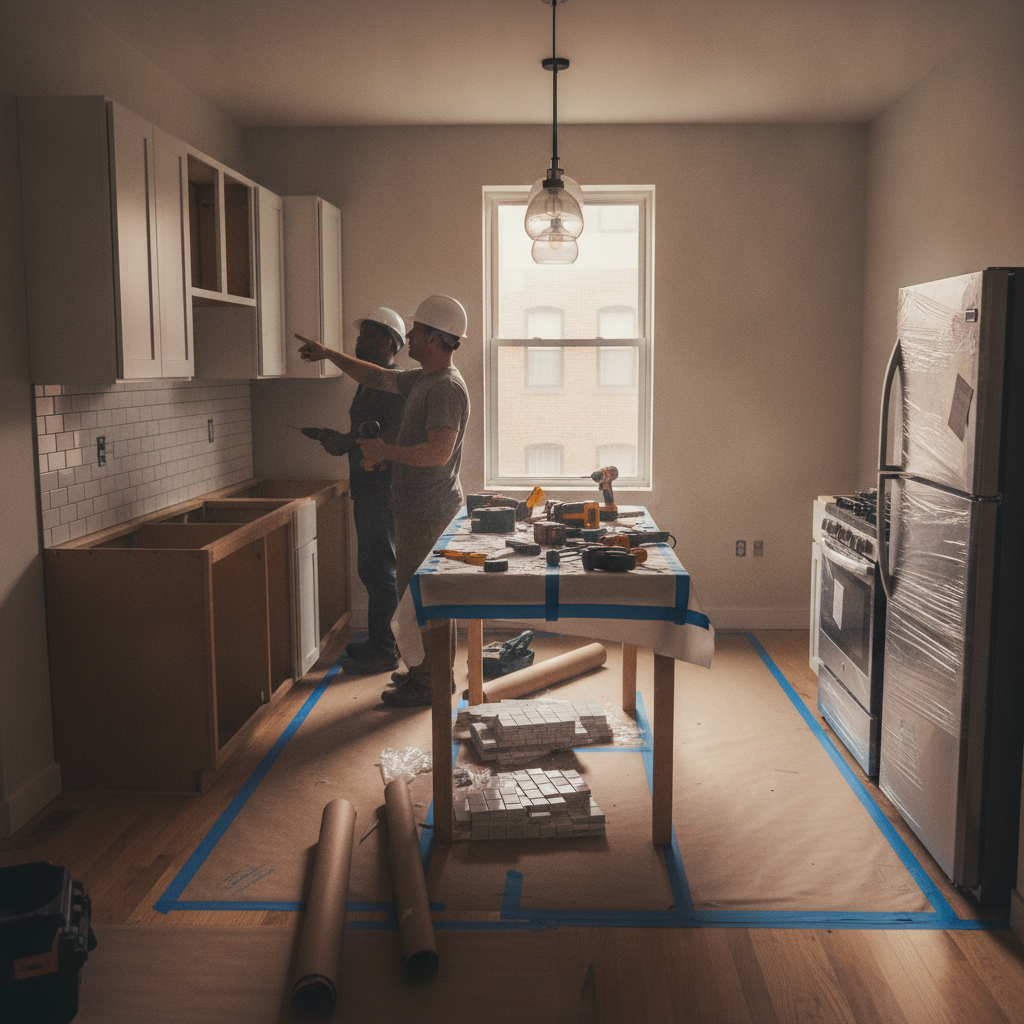 London apartment kitchen remodel in progress with cabinets being installed, backsplash tile stacks, and protected floors during a planned turnover