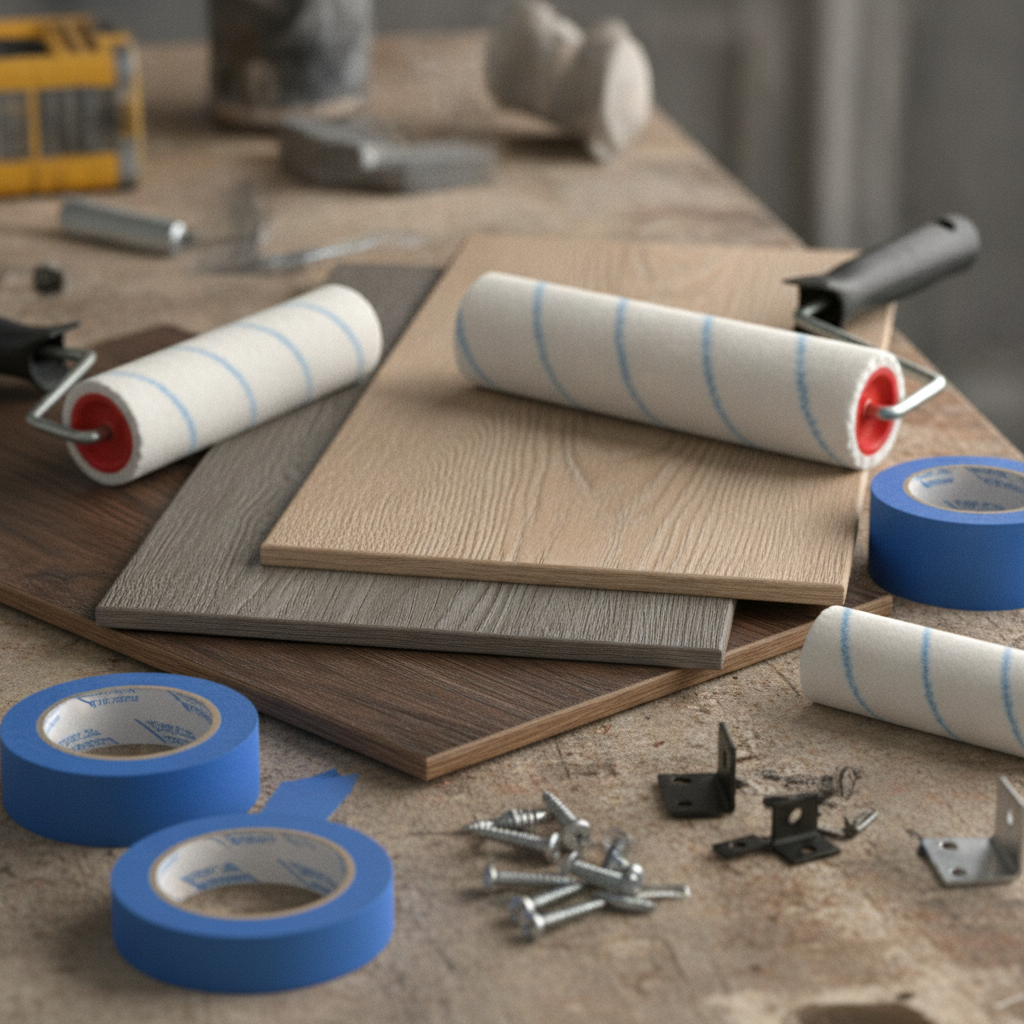 Detail shot of apartment turnover tools: vinyl plank flooring samples, paint rollers, and hardware used for standardized finishes in London units