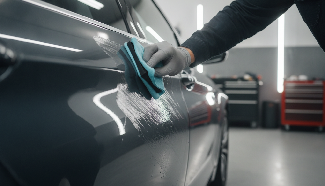 Ceramic coating application on a door panel in crosshatch pattern, key step in exterior car detailing protection