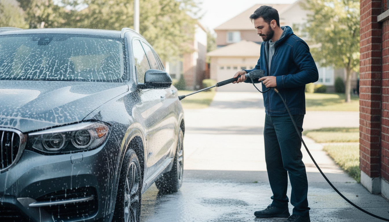 Featured image showing professional exterior car detailing foam wash on SUV in Mississauga, demonstrating proper car wash steps