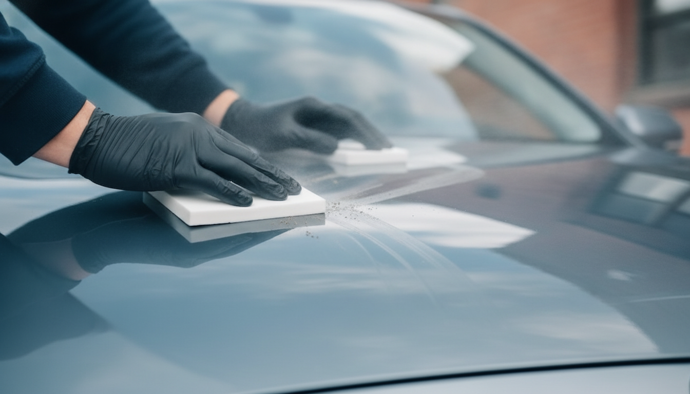 Close-up of clay bar decontamination on a lubricated car hood, demonstrating exterior detailing decon step