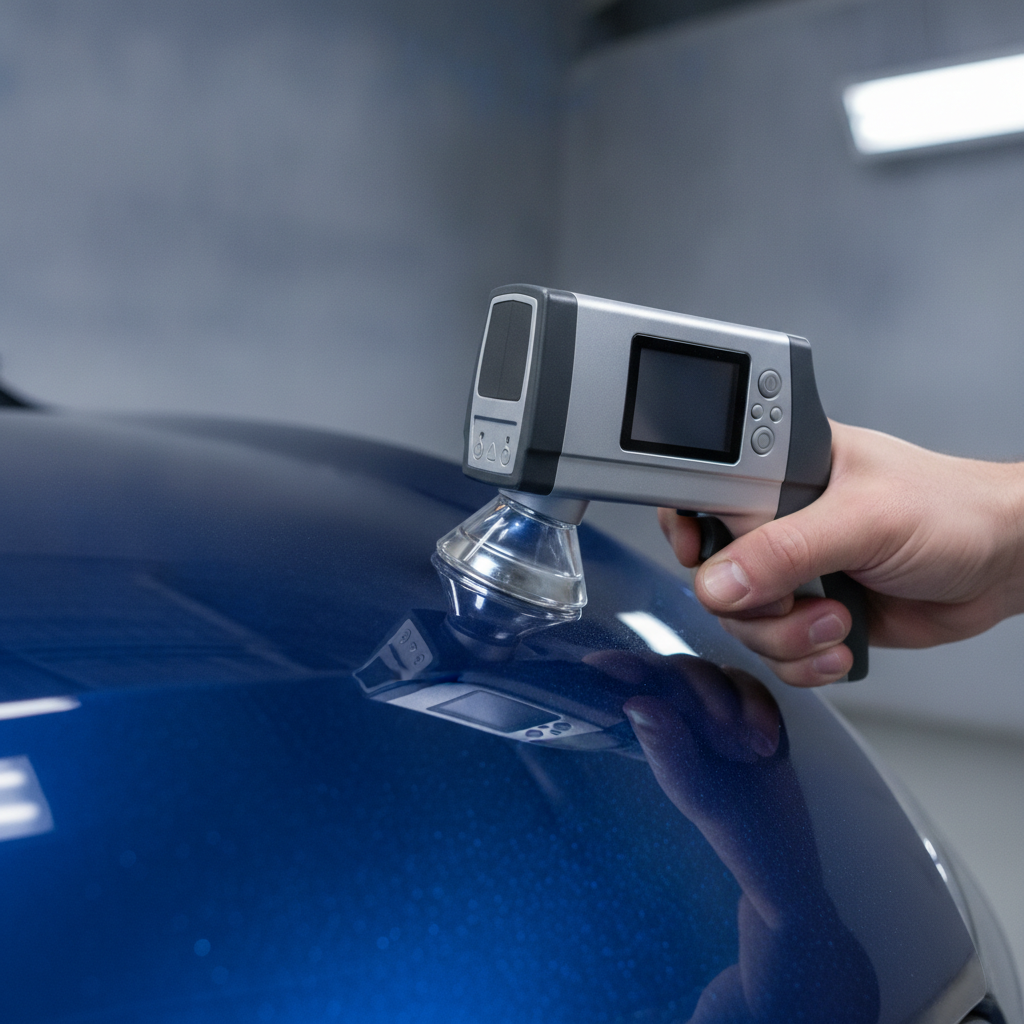 Close-up of automotive spectrophotometer scanning a car fender for precise paint color matching in a professional auto body shop