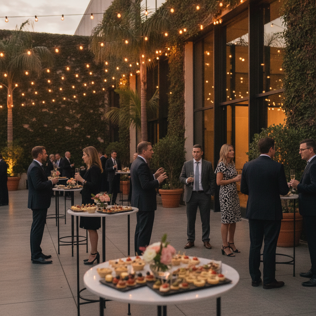 Outdoor patio social event at a Mississauga venue with string lights, cocktail tables, and guests mingling at golden hour