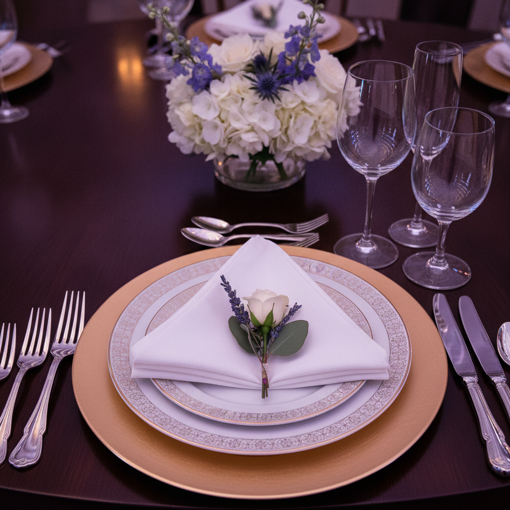 Close-up premium table setting for social events at a Mississauga event venue with crystal glassware and elegant centerpiece