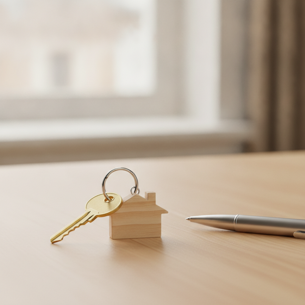 Close-up of house key and small wooden home icon symbolizing real estate listings and secure transactions
