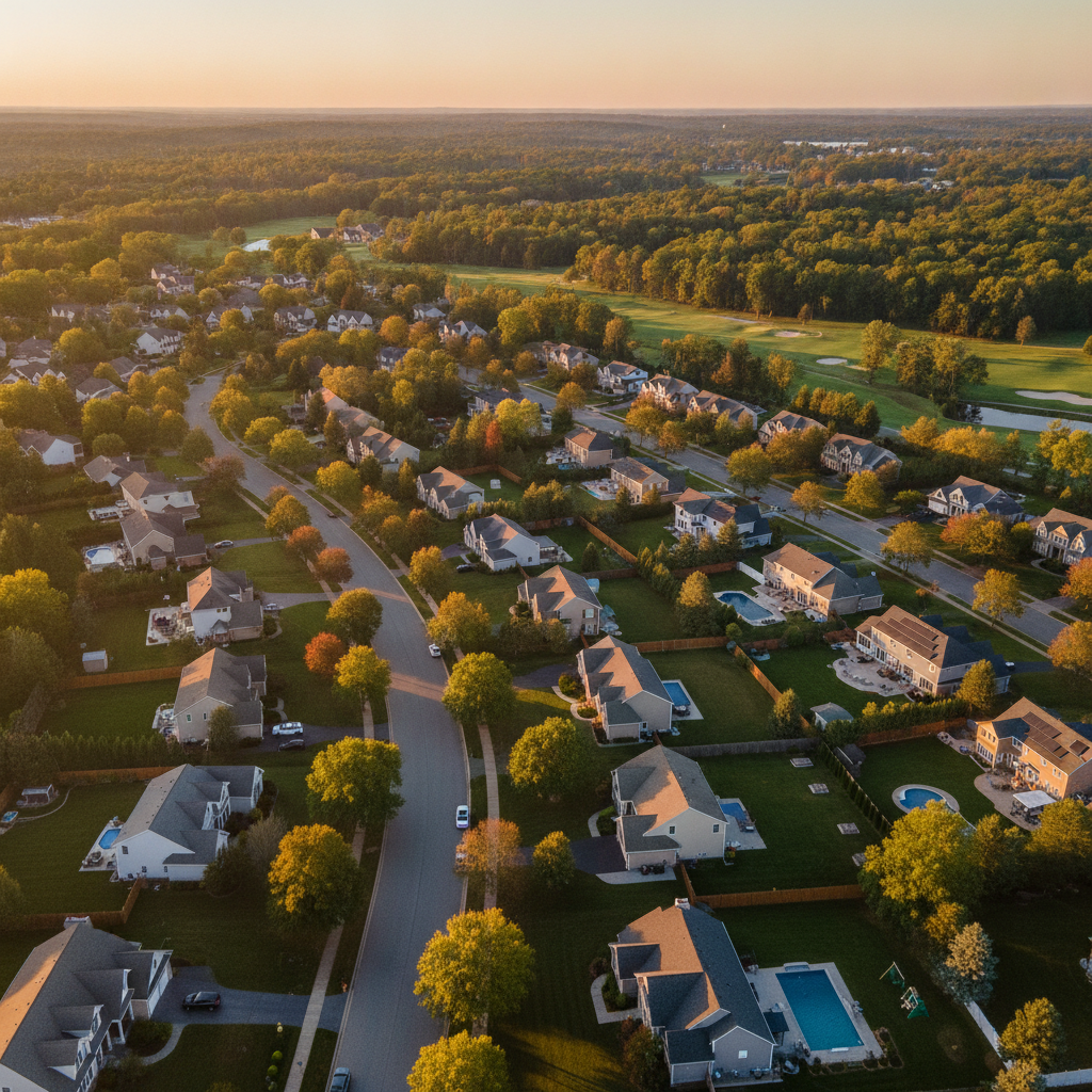 Aerial view of suburban neighborhood used to evaluate real estate listings and market context