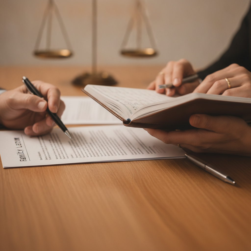 Close-up of hands organizing family law paperwork, Etobicoke attorney preparing separation agreement and parenting plan documents