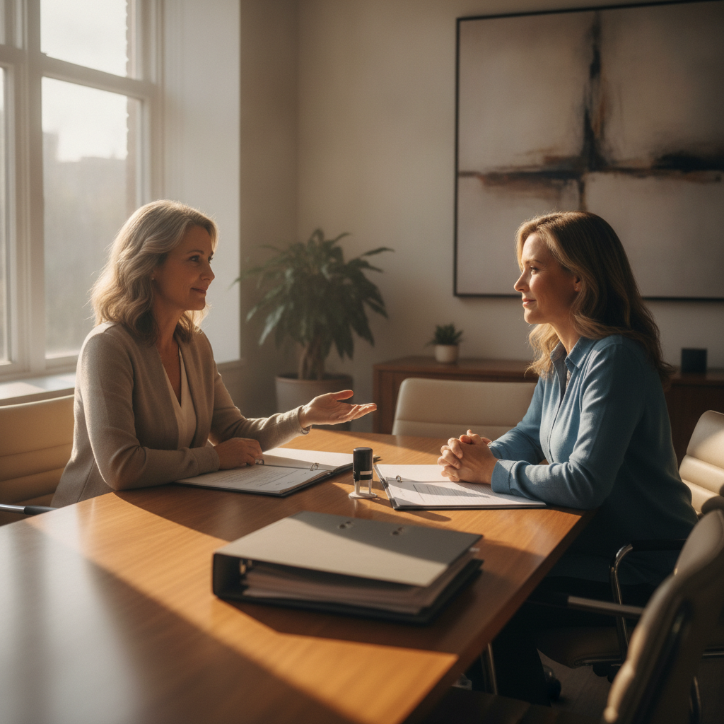 Professional family mediation scene in Etobicoke with attorney guidance and neutral mediator, calm discussion and organized case files on table