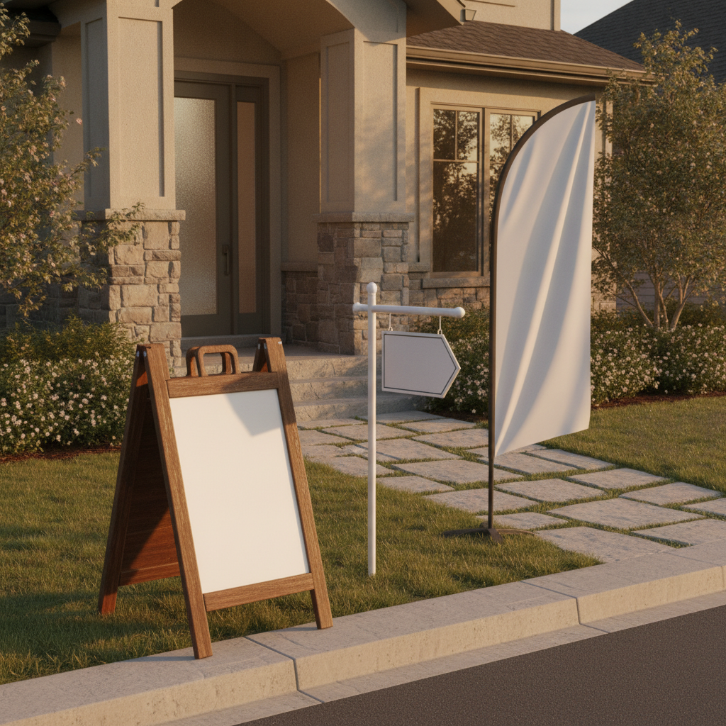 Open house setup at golden hour with A-frame sign, directional yard sign, and roll-up banner – real estate print designs in action