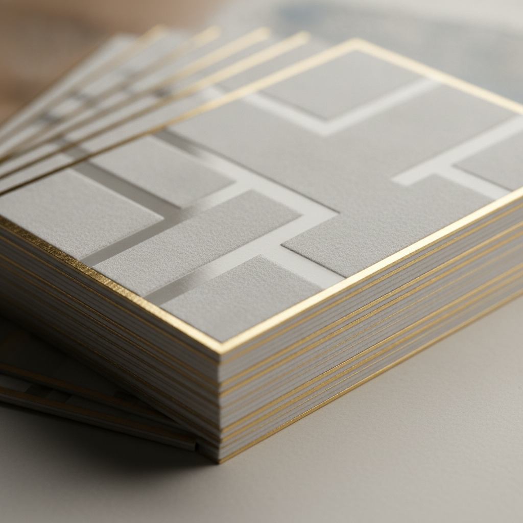Luxury business cards close-up with soft touch, raised spot UV, and gold foil edges – premium print designs for Realtors