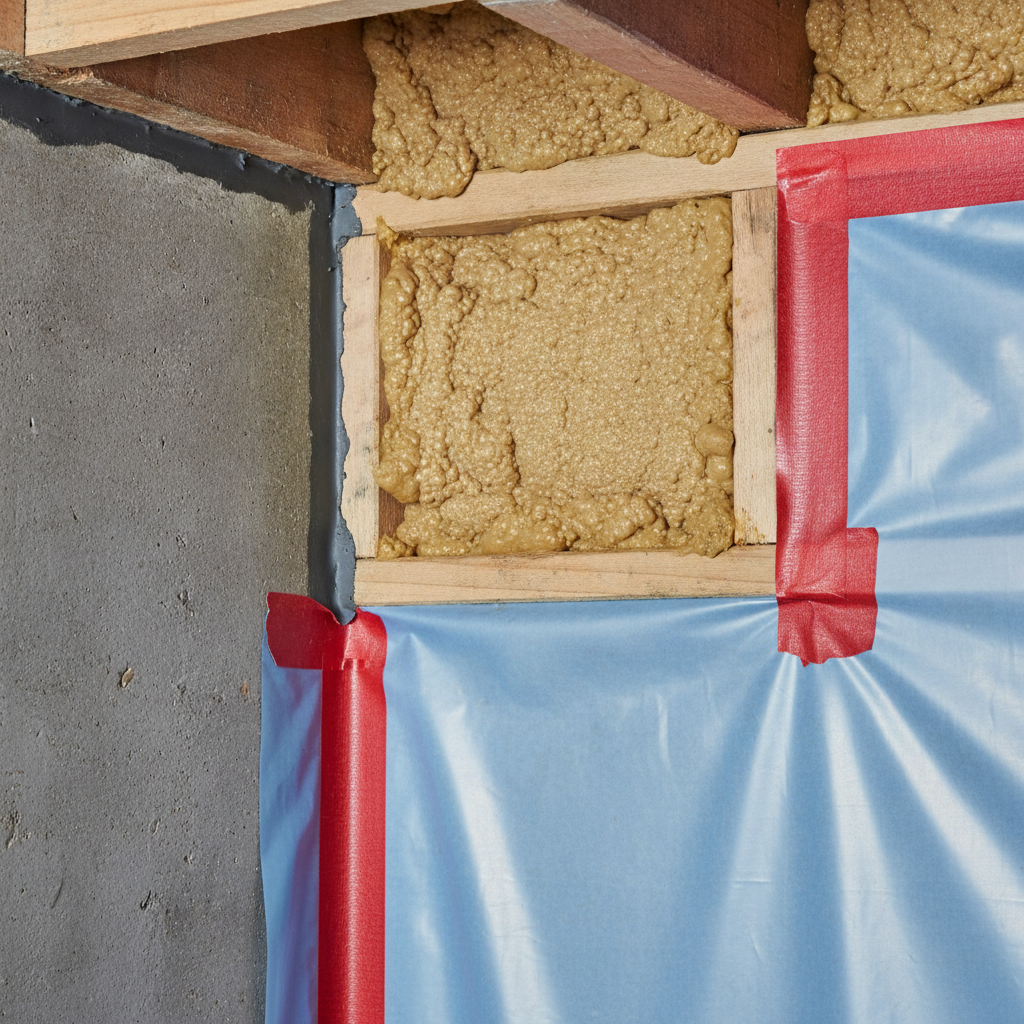 Close-up of rim joist insulation and vapor barrier detail for basement finishing companies in The Meadows